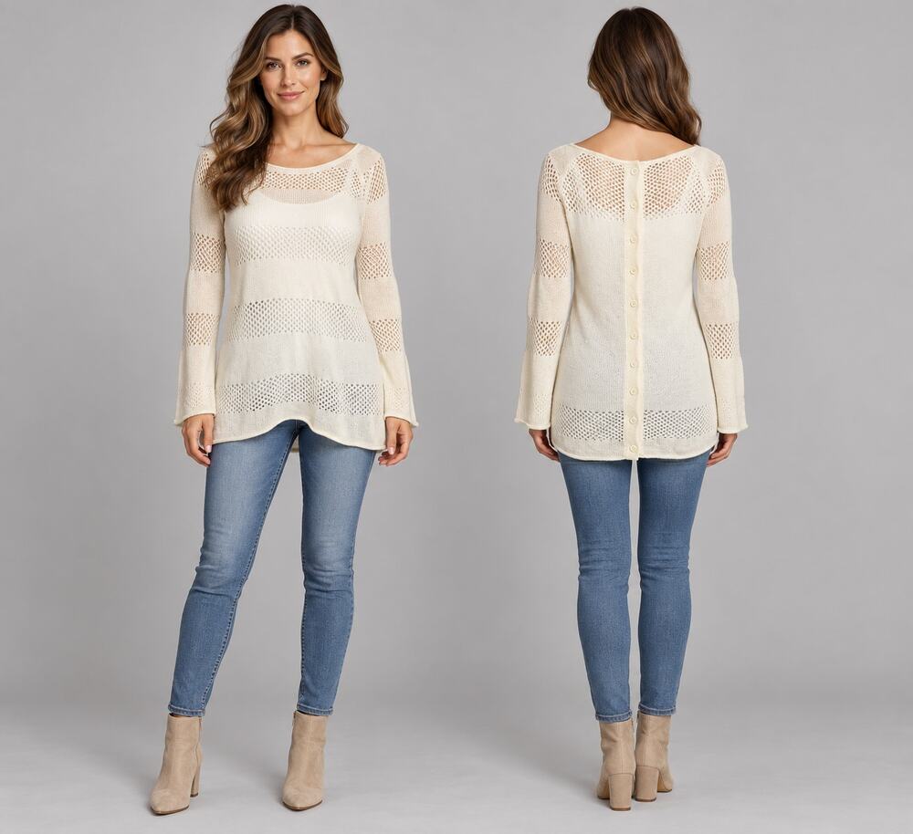 Subtle Luxury Ivory Open Knit Mesh Stripe Cashmere Sweater Button Back S/M Soft